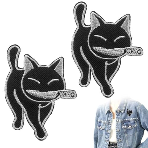 SwirlColor Patches zum Aufbügeln Erwachsene, 2 Stück Niedliche Patch Schwarze Katze mit Messer zum Aufbügeln 6 x 5 cm, Aufnäher Applikation Bügelbild für Jeans Jacken Caps Schuhe von SwirlColor