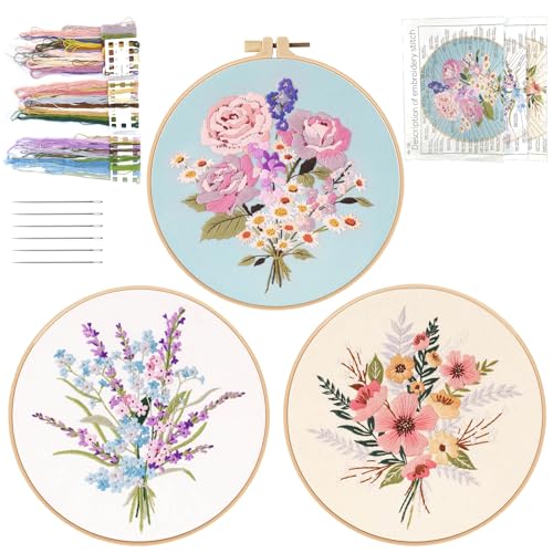 SwirlColor Sticken Set Erwachsene 3Sets, Ausgezeichnete Stickerei Stoff Brillante Stickerei Kit für Anfänger mit Stickerei Faden Stickerei Reifen mit Blumen von SwirlColor