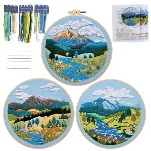 SwirlColor Sticken Set Erwachsene 3Sets, ausgezeichnete Stickerei Stoff Brillante Stickerei Kit für Anfänger mit Stickerei Faden Stickerei Hoop mit Landschaft von SwirlColor