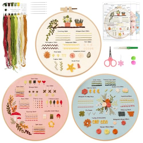 SwirlColor Sticken Set Erwachsene 3Sets, ausgezeichnete Stickerei Stoff Brillante Stickerei Starter Kit mit Stickerei Faden Stickerei Hoop-Anfänger von SwirlColor