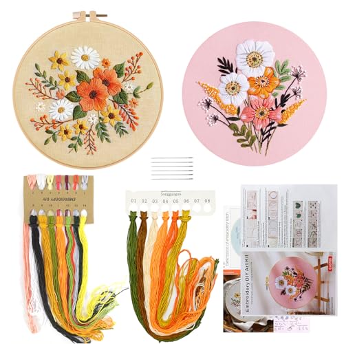 SwirlColor Stickerei Kits für Erwachsene 2Sets, Qualität Leinen Stoff Brillante Blumen Stickerei Kit für Anfänger mit Stickerei Faden Stickerei Hoop von SwirlColor