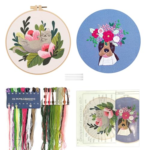 SwirlColor Stickerei Kits für Erwachsene 2Sets, Qualität Leinen Stoff Brillante Tier- und Blumenmuster Stickerei Kit für Anfänger mit Stickerei Faden Stickerei Hoop von SwirlColor