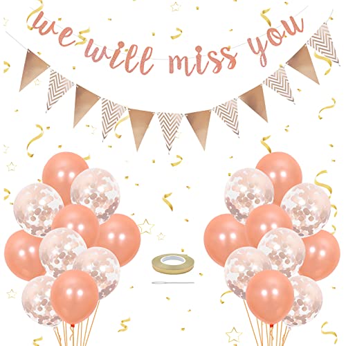 We Will Miss You Deko, Glitzer Rose Gold Abschlussdekorationen Banner Ruhestand Banner Dreieck Flagge Banner mit 20 Stück Konfetti Ballons für Ruhestand Abschluss Abschluss Party Dekorationen von SwirlColor