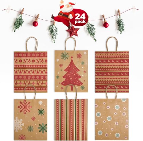 Switory 24 Stück Weihnachten Geschenktüten, 6 Stil Weihnachten kleine Papiertüten mit Griffen für Weihnachten Party Neujahr Geschenke -17×8×22cm von Switory