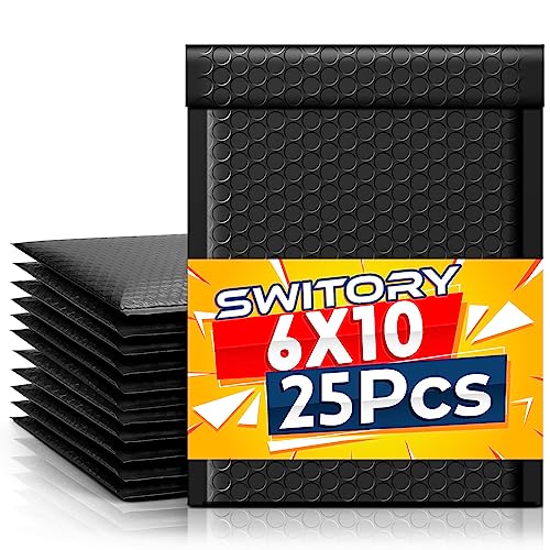 Switory 25pcs Polsterumschläge 15.2cmx25.4cm Versandtaschen, Gepolsterte Umschläge Bubble Lined Poly Mailer Selbstversiegelnde Schwarz für die Verpackung von Switory