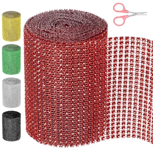 Swpeet 1 Roll 4.7Inch × 4.5 Yards 24 Rows Red Rhinestone Ribbon with Scissors，Faux Crystal Rhinestone Mesh Ribbon，Bling Diamond Wrap Trim Ribbon for Wedding Decorations DIY Crafts von Swpeet