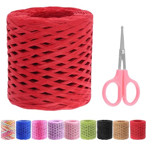 Swpeet 1-Rolle Schöne rote 218 Yards Raffia Papier Handwerk Band mit Schere Assortiment Kit, natürliche Raffia String Kraft Handwerk Verpackung Papier Twine von Swpeet