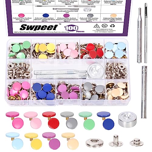 Swpeet 100 Sets 1.25cm.1/2 Zoll 10 Farben Metall Druckknöpfe mit 4Pcs Fixing Tools Sortiment Kit, Kleidung Snaps Kit für Kleidung, Leder, Jacke von Swpeet