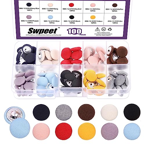 Swpeet 100Pcs 10 Farben 12.5mm Stoff bedeckt Metallschaft Runde Knöpfe Sortiment Kit, perfekt für Braut Hochzeit Kleid Satin Bluse Prom Dress & Formal Dress von Swpeet