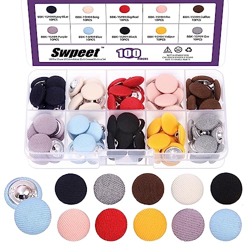 Swpeet 100Pcs 10 Farben 15mm Stoff bedeckt Metallschaft Runde Knöpfe Sortiment Kit, perfekt für Braut Hochzeit Kleid Satin Bluse Prom Dress & Formal Dress von Swpeet