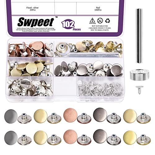 Swpeet 102 Stück 5 Farben Jeansknöpfe, Nieten, 17 mm, ohne Nähen, nagellos, abnehmbare Kombi-Fadennieten, Kappe, Denim-Metall-Jeansknöpfe, Ersatz mit Druckknöpfen und Montagewerkzeug für Kleidung von Swpeet