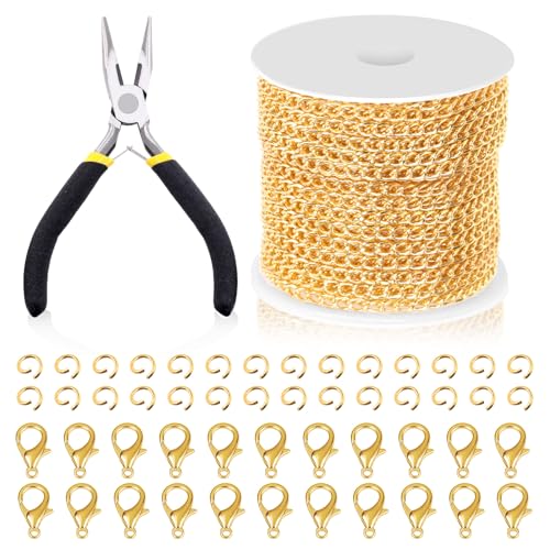 Swpeet 102Pcs Gold 3mm Schmuck Herstellung Ketten Kit mit Jump Ringen, Hummer Verschlüsse und Schmuck Zange, Halskette Ketten Kabelglied Kette Bulk Ideal für DIY Handwerk Schmuck Kette Herstellung von Swpeet