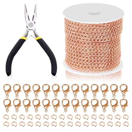 Swpeet 102Pcs Rose Gold 3mm Schmuck Herstellung Ketten Kit mit Jump Ringen, Hummer Verschlüsse und Schmuck Zange, Halskette Ketten Kabel Link Kette Bulk für DIY Handwerk Schmuck Kette Herstellung von Swpeet