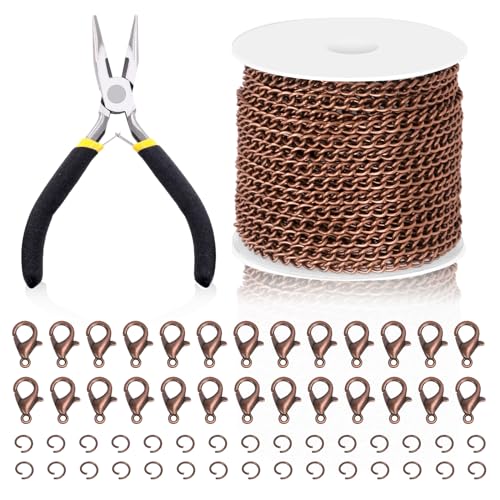 Swpeet 102Pcs Rote Bronze 3mm Schmuck Herstellung Ketten Kit mit Sprungringen, Hummerverschlüsse und Schmuck Zange, Halskette Ketten Kabel Link Kette Bulk für DIY Handwerk Schmuck Kette Herstellung von Swpeet