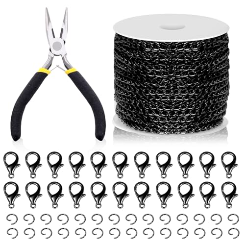 Swpeet 102Pcs Schwarz 3mm Schmuck Herstellung Ketten Kit mit Jump Ringen, Hummer Verschlüsse und Schmuck Zange, Halskette Ketten Kabelglied Kette Bulk Ideal für DIY Handwerk Schmuck Kette Herstellung von Swpeet