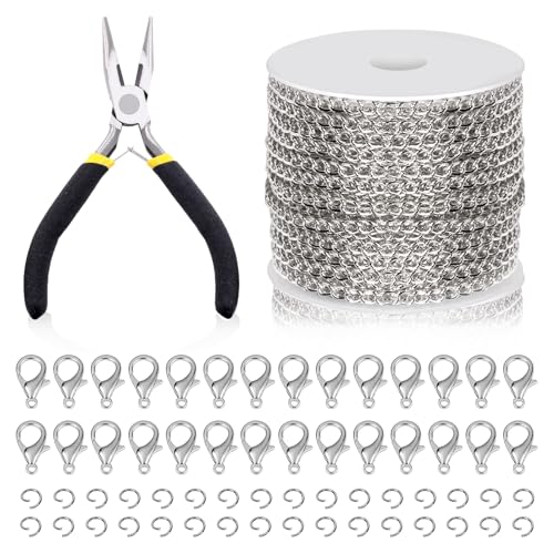 Swpeet 102Pcs Weiß K Farbe 3mm Schmuck Herstellung Ketten Kit mit Sprungringen, Hummerverschlüsse und Schmuck Zange, Halskette Ketten Kabel Link Kette Bulk für DIY Handwerk Schmuck Kette Herstellung von Swpeet