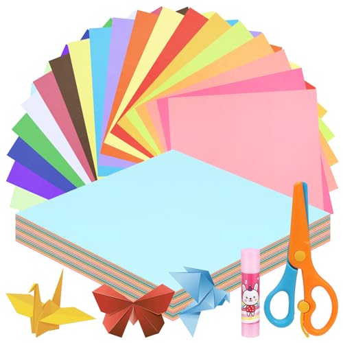 Swpeet 10x 10 Zoll 200 Blätter 20 Lebendige Farben Origami Papier Kit mit Klebestift und Schere, doppelseitiges Farbquadratisches Faltpapier für DIY Schule Kunst Handwerk Projekte Kinder Erwachsene von Swpeet