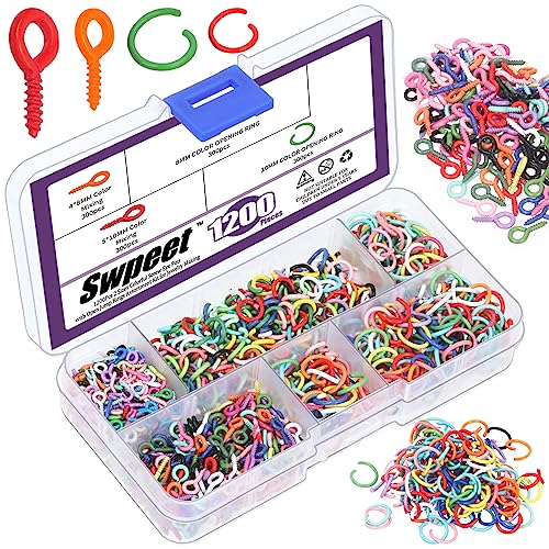 Swpeet 1201Pcs 4 Stil 4×8mm/5×10mm/8mm/10mm Bunte Kleine Schraube Eye Pin und Offene Sprung Ringe Set, Eye Pins Haken und Sprung Ringe, Ösen Schraube Gewinde Clasps Haken für DIY Kunsthandwerk von Swpeet