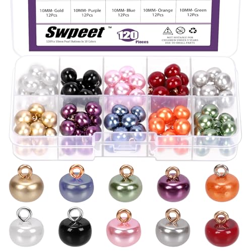 Swpeet 120Pcs 10mm 10 Farbe halbe Perle Knöpfe Sortiment Kit, dekorative Faux Perle Knöpfe mit Schaft, Nähen Knöpfe Perlen halbe Kugel gewölbte Perle Knöpfe für Kleidung Hochzeitskleider DIY Handwerk von Swpeet