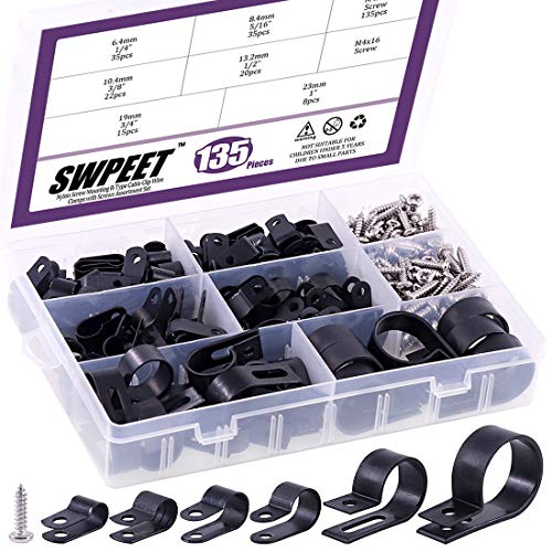 Swpeet 135 Pack 6-Größen Schwarz Nylon Kunststoff R-Typ Kabelclips Klemmen Sortiment Kit, 1/4" 5/16" 3/8" 1/2" 3/4" 1" Nylon Schraubschnur Befestigungsclips mit 135 Pack Schrauben für Drahtmanagement von Swpeet