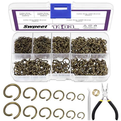 Swpeet 1403Pcs gemischte Größe 4-10mm Bronze Open Jump Ringe Kit mit Pinzette, Jump Ring Zange und Jump Ring Opener, Runde Ring Connectors für DIY Schmuck Making Supplies von Swpeet