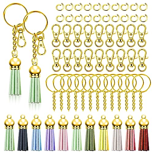 Swpeet 140Pcs Gold Schlüsselanhänger Tassles Kit, Schlüsselanhänger Ringe Bulk, umfassen 35Pcs Schlüsselanhänger Ringe, 35Pcs Schlüsselanhänger Tassles, 35Pcs Hummer Verschlüsse und 35Pcs Jump Ringe von Swpeet