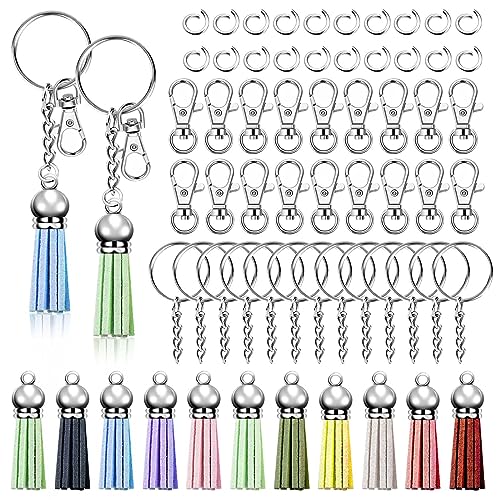 Swpeet 140Pcs Silber Schlüsselanhänger Tassles Kit, Schlüsselanhänger Ringe Bulk, umfassen 35Pcs Schlüsselanhänger Ringe, 35Pcs Schlüsselanhänger Tassles, 35Pcs Hummer Verschlüsse und 35Pcs Jump Ringe von Swpeet