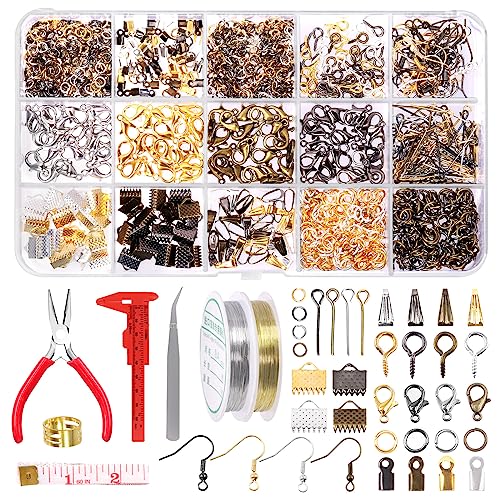 Swpeet 1468Pcs Schmuck machen liefert Kit mit Schmuck machen Werkzeuge, 2 Farben Schmuck Drähte und Schmuck Zange, 40 Styles Jewelry Findings, mit Kunststoff Caliper, Fingerhut Ring, Ahle Pinzette von Swpeet