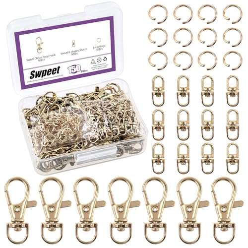 Swpeet 150-teiliges goldfarbenes Schlüsselanhänger-Set, 50 drehbare Karabinerverschlüsse, 50 drehbare 8-förmige Schnallenverschluss, 50 Biegeringe, drehbarer Karabinerhaken, Lanyard-Karabinerhaken von Swpeet