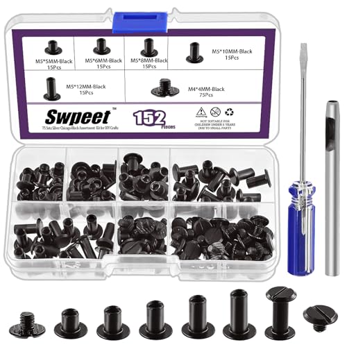 Swpeet 152Pcs M5x5mm, 6mm, 8mm, 10mm, 12mm schwarze Schrauben Ledernieten sortiert mit Lochstanzer und Schraubendreher, runde flache Kopf Stud Schraube für DIY Leder Handwerk und Buchbinden von Swpeet