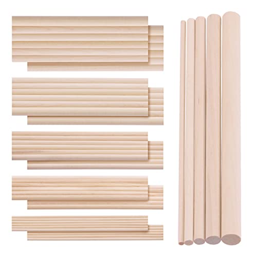 Swpeet 160 Stück OD 1/8 Zoll 3/16 Zoll 1/4 Zoll 5/16 Zoll 3/8 Zoll Länge 150 mm Dübelstangen Holz Dübelstangen Handwerk Holz Sticks Sortiment Kit, unlackiertes Dübelstück Rundum hart Holzstäbe von Swpeet