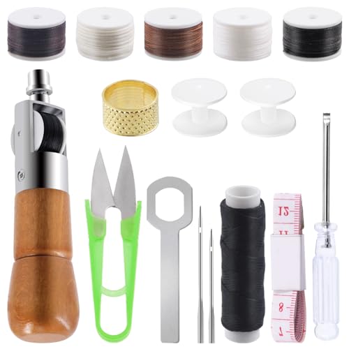 Swpeet 16Pcs Leder Nähen Awl Craft Kit einschließlich Handnähen Reparatur Awl, Wachsfaden, Flachwachsschnur, Schraubendreher, Nadeln, Maßband, Schere, Fingerhut, Spulen, Schraubenschlüssel für DIY von Swpeet