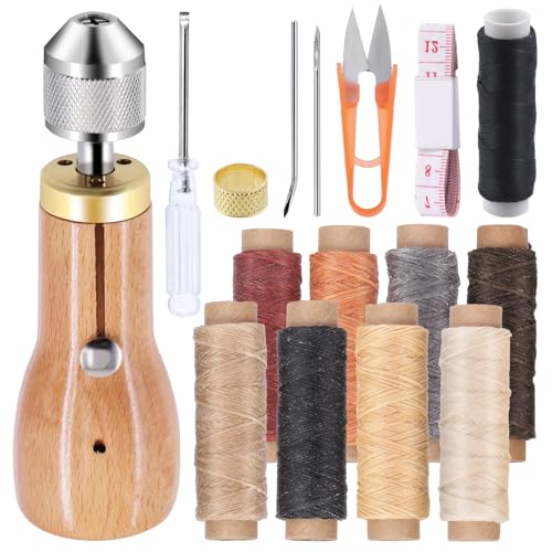 Swpeet 16Pcs Portable Leder Nähen Awl Kit einschließlich Handnähen Reparatur Awl, 9-Rollen gewachste Fäden mit kleinem Schraubendreher, gerade und gebogene Nadeln Messband Schere Fingerhut für DIY von Swpeet