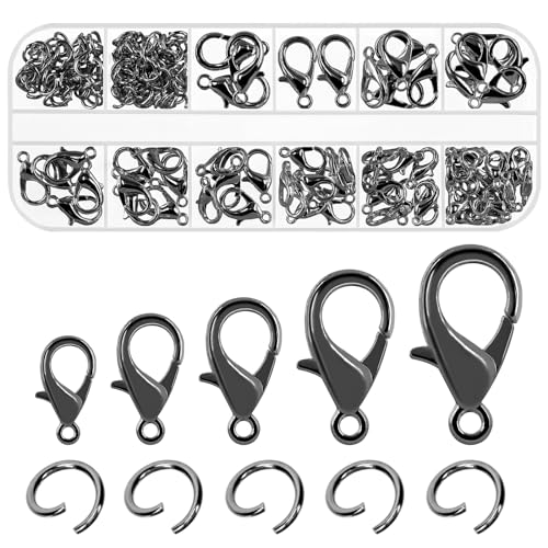 Swpeet 170Pcs Gun Schwarz 10mm 12mm 14mm 16mm 18mm Open Jump Ringe und 6mm Hummer Verschlüsse Kit, perfekte Schmuck Findings Kit für DIY Herstellung Lesezeichen Pinch Armband Halskette von Swpeet