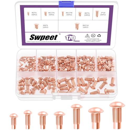 Swpeet 170Pcs M2 M2.5 M3 M4 ×6mm 8mm 10mm Rot Kupfer Solid Knulled Nieten Sortiment Kit, Halbrunde Solid Knulled Nieten für die Reparatur von Booten, Flugzeuge von Swpeet