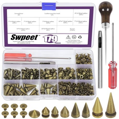 Swpeet 179 Sets 8-Größen Bronze Kegel Spikes mit Kratzawle Schraubendreher Punch Sortiment Kit, Punk Spikes und Bolzen Metall Baum Spikes Kugel Spikes Screwback Studs für Punk Kleidung Craft DIY von Swpeet