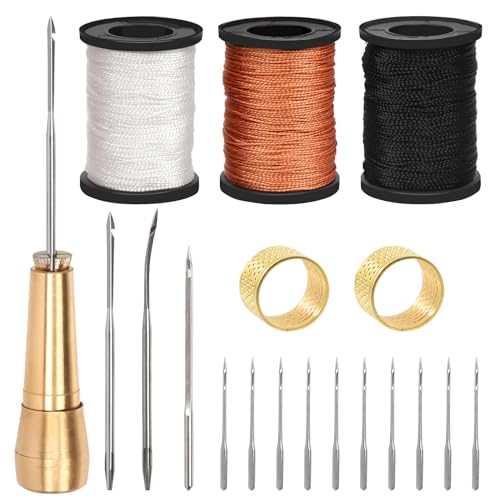 Swpeet 19Pcs Portable Canvas Leder Nähen Awl Nadel Kit beinhaltet 50m gewachstes Nylonschnur Faden, Kupfergriff, 2Pcs Fingerhut für schwere Stoffe, handgemachte Leder Nähwerkzeuge und Leder Reparatur von Swpeet