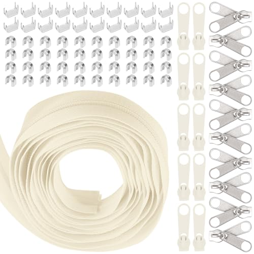 Swpeet 1Roll 10 Yard #5 Beige Nylon Zipper Tape Zipper Strip mit 20Pcs Matched Zipper Sliders Assortment Kit, Ersatz Zipper Roll Endless Zip Set mit Double Single Slider und Zip für Nähen von Swpeet