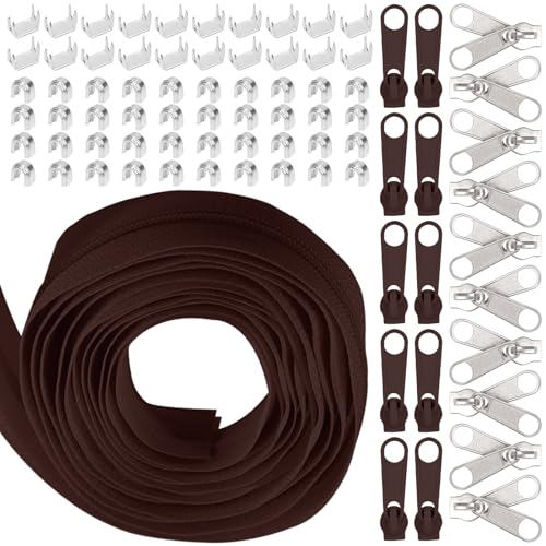 Swpeet 1Roll 10 Yard #5 Deep Coffee Nylon Zipper Tape Zipper Strip mit 20Pcs Matched Zipper Sliders Sortiment Kit, Ersatz Zipper Roll Endless Zip mit doppeltem Einzelschieber von Swpeet