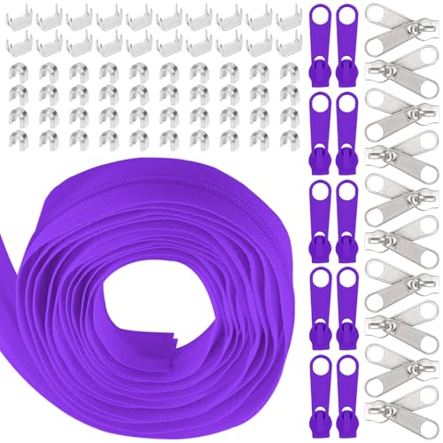 Swpeet 1Roll 10 Yard #5 Deep Purple Nylon Zipper Tape Zipper Strip mit 20Pcs Matched Zipper Sliders Assortment Kit, Replacement Zipper Roll Endless Zip Set mit Double Single Slider und Zip von Swpeet