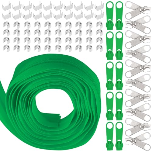 Swpeet 1Roll 10 Yard #5 Grünes Nylon Reißverschluss Band Reißverschluss Streifen mit 20Pcs Matched Zipper Sliders Sortiment Kit, Ersatz Zipper Roll Endless Zip Set mit doppeltem Einzelschieber von Swpeet