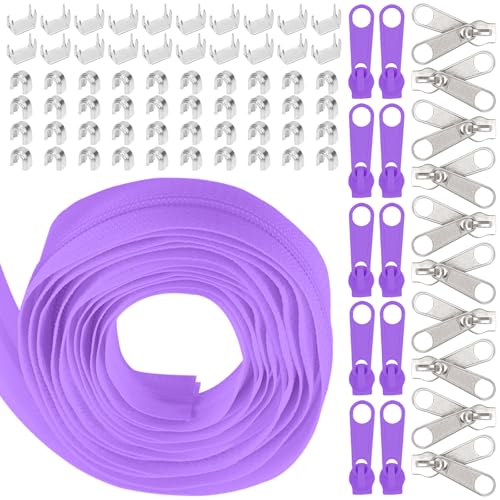 Swpeet 1Roll 10 Yard #5 Light Purple Nylon Zipper Tape Zipper Strip mit 20Pcs Matched Zipper Sliders Assortment Kit, Replacement Zipper Roll Endless Zip Set mit Double Single Slider und Zi von Swpeet