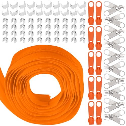 Swpeet 1Roll 10 Yard #5 Orange Nylon Zipper Tape Zipper Strip mit 20Pcs Matched Zipper Sliders Assortment Kit, Ersatz Zipper Roll Endless Zip Set mit Double Single Slider und Zip für Nähen von Swpeet