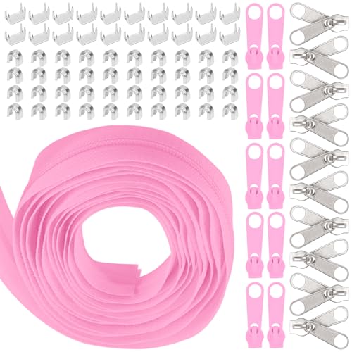 Swpeet 1Roll 10 Yard #5 Pink Nylon Zipper Tape Zipper Strip mit 20Pcs Matched Zipper Sliders Assortment Kit, Ersatz Zipper Roll Endless Zip Set mit Double Single Slider und Zip für Nähen von Swpeet