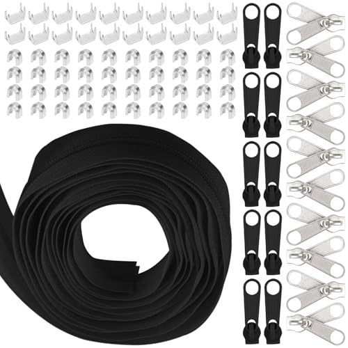 Swpeet 1Roll 10 Yard #5 Schwarz Nylon Reißverschluss Band Reißverschluss Streifen mit 20Pcs Matched Zipper Sliders Assortment Kit, Ersatz Reißverschluss Rolle Endless Zip Set mit Double Single Slider von Swpeet