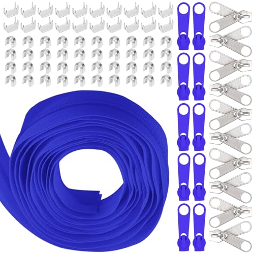 Swpeet 1Roll 10 Yard #5 Tiefblaues Nylon Zipper Tape Zipper Strip mit 20Pcs Matched Zipper Sliders Sortiment Kit, Ersatz Zipper Roll Endless Zip Set mit doppeltem Einzelschieber von Swpeet