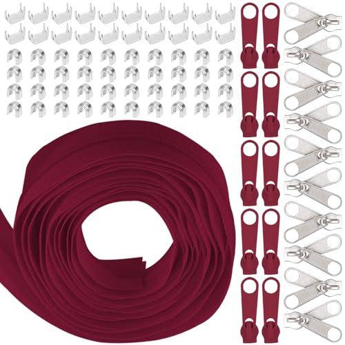 Swpeet 1Roll 10 Yard #5 Wein Rot Nylon Reißverschluss Band Zipper Streifen mit 20Pcs Matched Zipper Sliders Sortiment Kit, Ersatz Zipper Roll Endless Zip Set mit doppeltem Einzelschieber von Swpeet