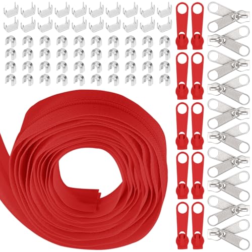 Swpeet 1Roll 10 Yard #5 rot Nylon Zipper Tape Zipper Strip mit 20Pcs Matched Zipper Sliders Assortment Kit, Ersatz Zipper Roll Endless Zip Set mit Double Single Slider und Zip für Nähen von Swpeet