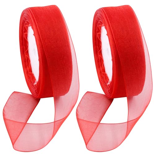 Swpeet 2 Rollen 50 Yards x 1 Zoll helles rotes Schimmer transparentes Gewebe Bänder Organza Band, transparentes transparentes Band Chiffon Stoff Bänder für Sträuße Hochzeit Geburtstag Dekoration von Swpeet