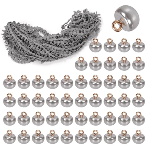 Swpeet 20 Yard Graue Braid Trim mit elastischer Knopfschlaufe mit 50Pcs Pearl Buttons Kit, elastische Knopfschlaufe Stretch Band, Braid Trim Verzierung Elastische Schnur mit Knopfloch für Kostüm von Swpeet